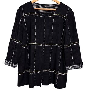 Misook XL Black Grid Knit Embroidered Jacket Hook Eye Front‎ 3/4 Sleeve Cardigan